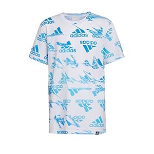 adidas Boys’ Glitchy Allover Print T-Shirt (X-Large, White/Blue)
