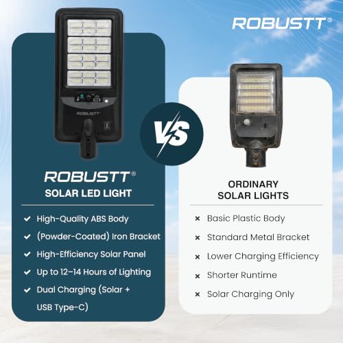 Image of Robustt Solar Light Outdoor for Home, Garden | 300W Wireless LED Street Night Lamp for Wall, pathway and Road with Pole | Solar + USB Type-C Charging | IPX5-Water Resistant |Cool White | 1 Yr Warranty