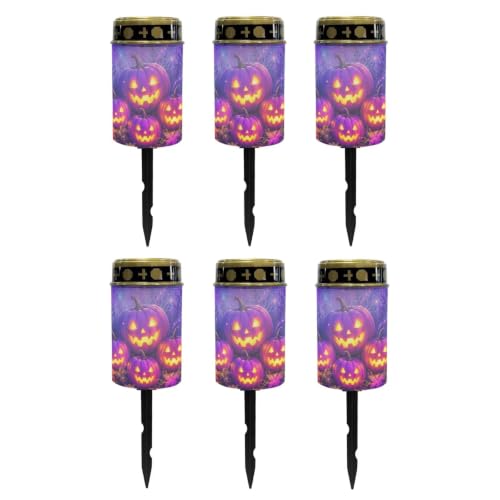 Image of Poceacles Halloween Solar Candle Cemetery Solar Lights for Grave LED Garden Flameless Powered Pathway Lights Outdoor Waterproof with Dusk to Dawn Sensor, Pumpkin Violet, Set of 6
