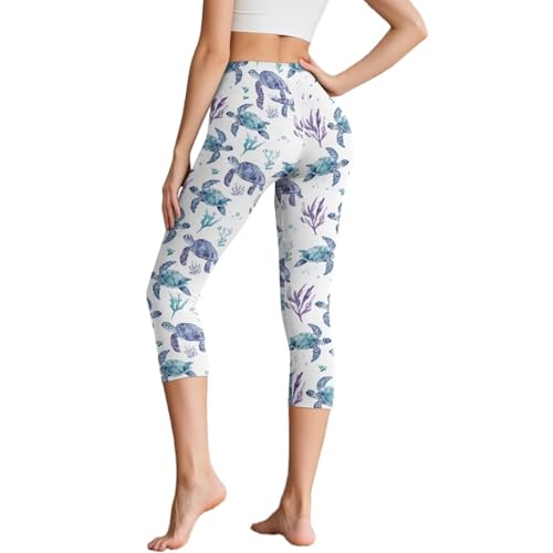 Ypexeognv Sea Turtle Womens Capri Leggings Printed Capris for Women 4-Way Stretch Running Yoga Pants Tummy Control Workout Leggings