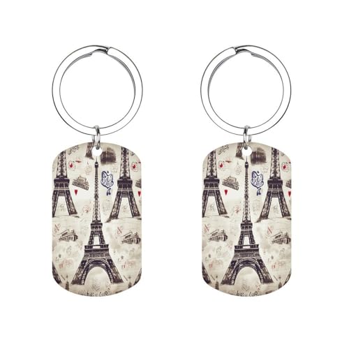 VstaDank Llavero de metal con diseño de la Torre Eiffel de París francés, llavero de sublimación, adorno impreso de doble cara, llavero exquisito con etiqueta rectangular, regalo para adultos