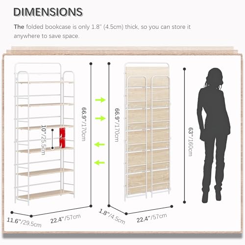 Image of 4NM No Assembly Folding Bookshelf, 6 Tiers Collapsible Book Shelves Open Industrial Foldable Storage Bookcase Shelf for Bedroom, Living Room, Home Office - Natural and White