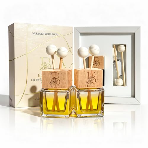 Image of BSOUL Mandarin & Freesia Car Air Vent Clip Perfume 8ml Pack Of 2 | Premium Wooden Car Diffuser with Essential Oils | Fresh Floral Citrus Fragrance | Long-Lasting Luxury Car Air Freshener (Yellow)