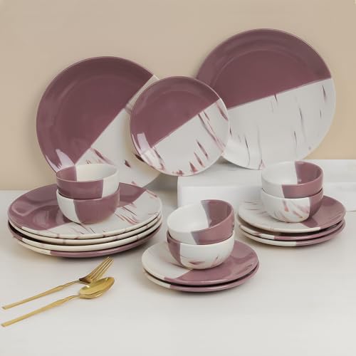 Image of The Earth Store DT Magenta Italian Ceramic Dinner Set of 18 Pieces Serving for 6, Microwave and Dishwasher Safe Plates & Bowls for Dining, Bone-Ash Free Crockery Set for Dining and Gifting