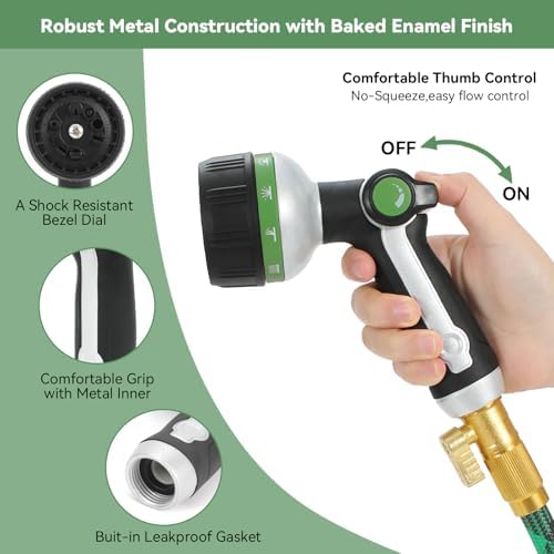Garden Hose Nozzle Heavy Duty,Metal Water Hose Nozzle with 10 Adjustable Spray Patterns, High Pressure Hose Sprayer Nozzle Thumb Control On Off Valve for Lawn & Plant Watering, Car & Pet Washing - Thumbnail 3