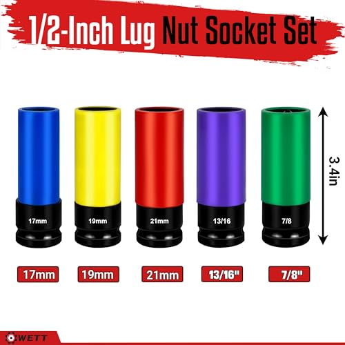 Image of WETT 1 /2-Inch Drive Lug Nut Socket Set, 5-Piece Wheel Protector Thin Wall Deep Impact Socket with Color-Coded Protective, (Metric 17mm, 19mm, 21mm & SAE 13 /16 inch 7 /8 inch) CR-V Steel, 6 Point, Non-Marring