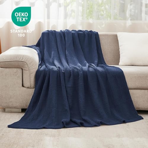 Image of EMME Muslin Blankets for Adults Throw Blanket for Couch Breathable Gauze Soft Lightweight Airy Navy Queen 90 inch x 90 inch
