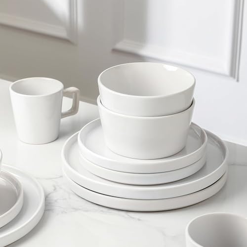 Image of Stone Lain Celina Modern Stoneware 16-Piece Dinnerware Set, Plates and Bowls Set, White Glossy, Dish Set Service For 4