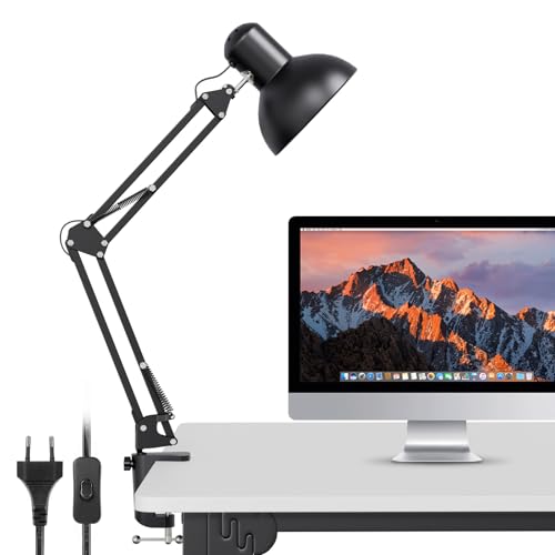 Lepro Lampe de Bureau, Lampe Bureau Pince avec Ampoule E27, Lampe de Table Métal avec Interrupteur à Fil pour Bureau, Salon et l'Atelier, Sans ampoule, Noir