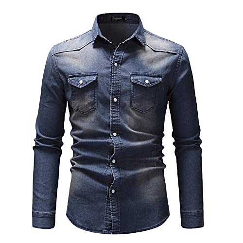 XVSSAA Long Sleeve Denim Shirt for Men Standard-Fit Slim-Fit Retro Two Pocket Western Snap Work Shirt Washed Denim Shirt, Dark Blue, X-Large