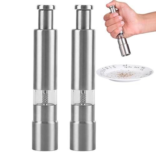 Molinillo Pimienta Pulgar | 2 Piezas Molinillo Sal Y Pimienta De Acero Inoxidable | Molinilloes De Sal Una Mano | Molinilloes Manuales Especias | Molinilloss Prensa Pequeños Con Botón