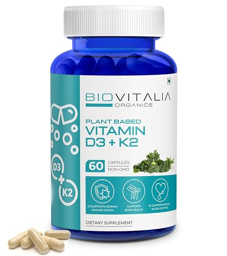 Biovitalia Vitamine D3 + K2 à base de plantes 60 gélules | Complément alimentaire | Soutient le système immunitaire | Favorise l'absorption du calcium - 60 Capsules végétaliennes