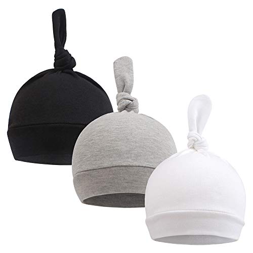 Pesaat Newborn Hospital Knot Hat 0-6 Months Baby Boys Girls Beanie Solid Infant Hats Autumn Winter (Single Layer/3Pack-A, 0-6 Months)