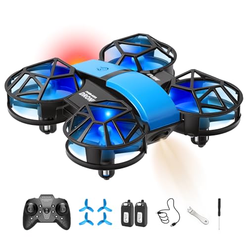 Blue Mini Drone for Kids, Indoor & Outdoor RC Quadcopter, Full Propeller Guards, LED Light, 3D Flips, One Key Start, Headless Mode, 2 Rechargeable Batteries, 21 Mins Total Flight Time, Toy Gift for Boys and Girls