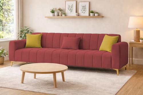 Image of Casaliving Velour Modern Velvet Sofa, Tufted Design Upholstered 3 Seater Sofa Set for Living Room, (Maroon Colour) Premium Velvet Fabric Sofa