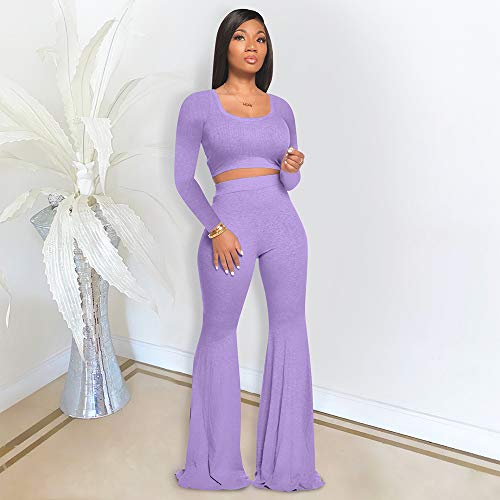 Two Piece Outfits for Women Sexy Crop Top + Flared Long Pants Sweat Suits Ribbed Fitted Tracksuits Yoga Set3