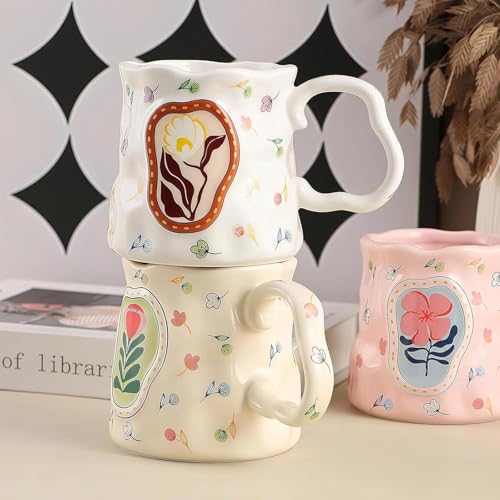 Taza de cerámica irregular con diseño floral 13.5 oz miniatura 6