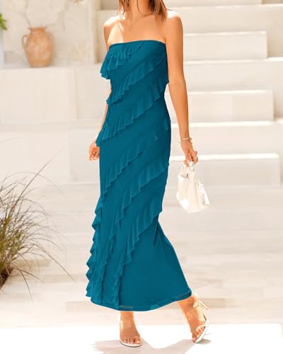 BTFBM Women Summer Elegant Strapless Midi Ruched Bodycon Dress Solid Color Stretch Mesh Slim Party Cocktail Dresses