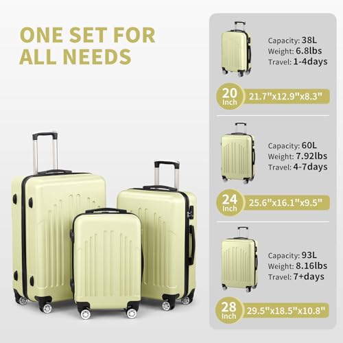 Luggage Sets 3 Piece, Hard Shell Travel Suitcase with TSA Lock, 360° Spinner Wheels and Adjustable Handle, Curved Vertical Stripe, Carry on Luggage Perfect for Extended Vacations (Cream Yellow)4