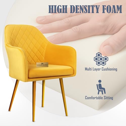 Image of Barfi Velvet Dining Chair | Set of 2 Premium Modern Upholstered Accent Chair with Armrest, Padded Seat and Metal Legs | Comfy Chair for Home, Office & Restaurents | (Yellow)