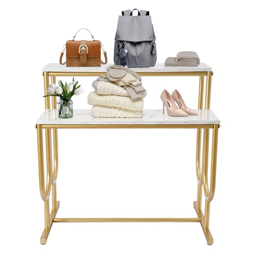 Cbhfmljd 2 Tier Display Table, Metal Shoe Handbag Display Stand Modern Standing Purse Display Stand Shoe Display Shelf Gold Shelf for Retail Stores 220.46lbs Capacity