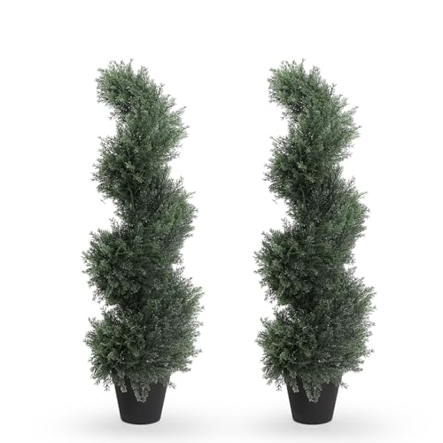 THE BLOOM TIMES 3ft Spiral Artificial Topiary Trees Set of 2, 36 inch Faux Cedar Trees for Outdoor Planters - Fake Twist Cypress Plants for Garden Front Porch Indoor Outside Decor 3 Foot