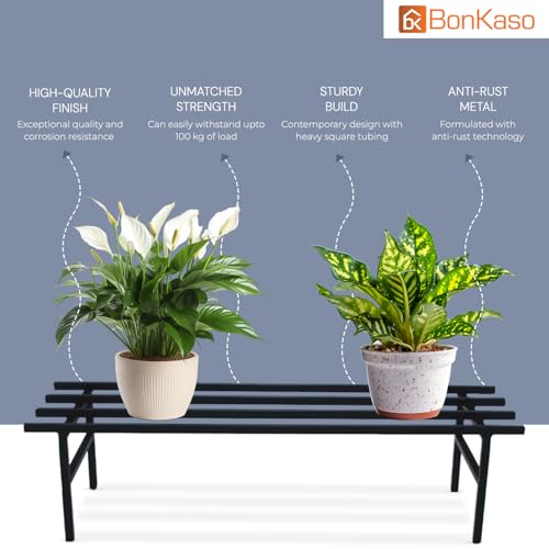 Image of BonKaso Heavy Duty Rectangle Plant Stand: 76x24x18 cm, Black - Set of 4, Modern Design for Indoor & Outdoor Use, Sturdy, Anti-Rust Planter Stand for Garden, Balcony, Patio