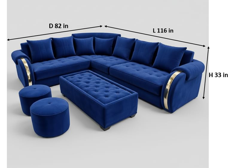 Image of APRODZ Solid Wood 6 Seater Sofa Set Velvet Fabric Sectional L Shaped Sofa with Center Table & Ottomans Corner Sofa for Home Office Cushioned Seating for Home & Lounge Use (Royal Blue)