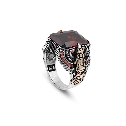 Jewellery Pit - Bague Aigle en Pierre Rubis - Bague Hommes 925 en Argent Sterling, Style Millésime Fait Main avec Chiffon de Nettoyage en Argent (70)