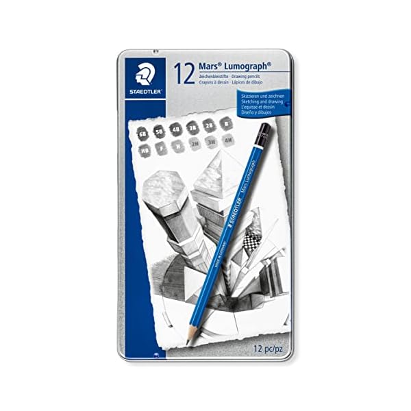 STAEDTLER Mars Lumograph Art Drawing Pencils, 12 Pack Graphite Pencils in Metal Case, Break-Resistant Bonded Lead, 100 G12,Silver/Blue