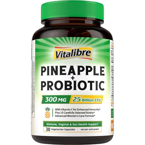 Vitalibre Pineapple + Probiotic 300 mg 25 Billion CFUs 13 Strains Natural Vitamin C Powerful Antioxidants for Immunity Vaginal Gut Health 30 Vegan Capsules Non GMO