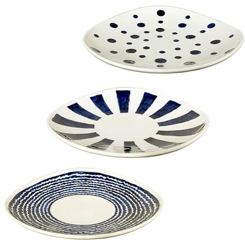 【Amazon.co.jp限定】 波佐見焼 食器セット 「 藍染 」 変形 取皿 プレート 3枚セット 直径約16×高さ2.5cm 和食器 磁器 電子レンジ 食洗機対応 日本製 30202