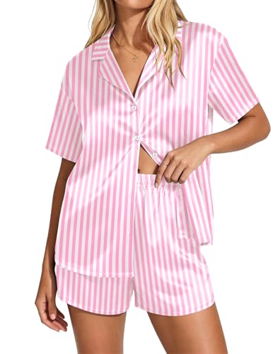 Image of Ekouaer Womens Satin Pajama Set Short Sleeve Button Down Sleepwear 2 Piece Silky Pj Set Soft Loungewear for Ladies