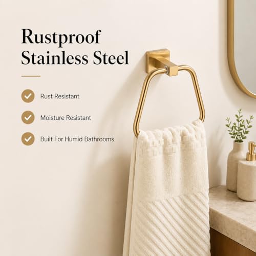 Image of Brushed Gold Towel Ring for Bathroom, Kitchen Bath Towel Holder Hangers Wall Mount Heavy Duty Stainless Steel