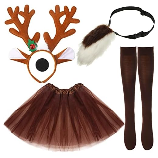 Haysandy 5 Pcs Christmas Deer Costume Deer Antlers Headband Baby Deer Tail Black Nose Tutu Skirt Over The Calf Foot Socks Horns Headpiece for Adult Kids Christmas Holiday Cosplay Accessories()