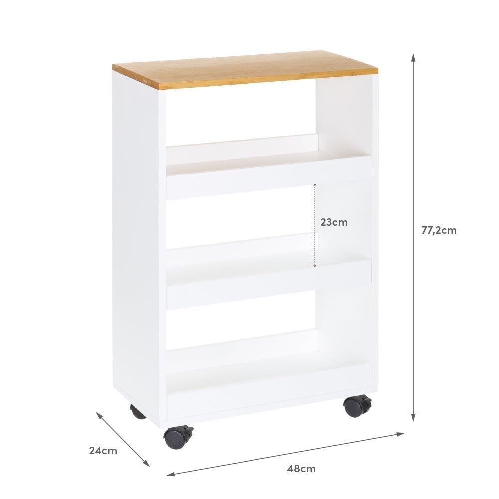 LOLAhome - Estantería móvil con Ruedas de Madera y bambú, Blanco y Natural de 48x24x77 cm. Práctico diseño con 3 estantes. Ideal como Organizador Auxiliar para tu Cocina, baño o salón.