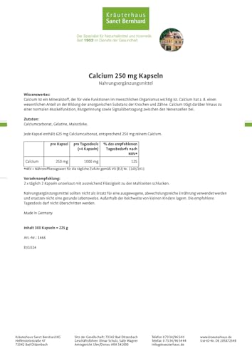 Calcium 250 mg Kapseln - 250mg reines Calcium/Kapsel - 300 Kapseln – Bild 3
