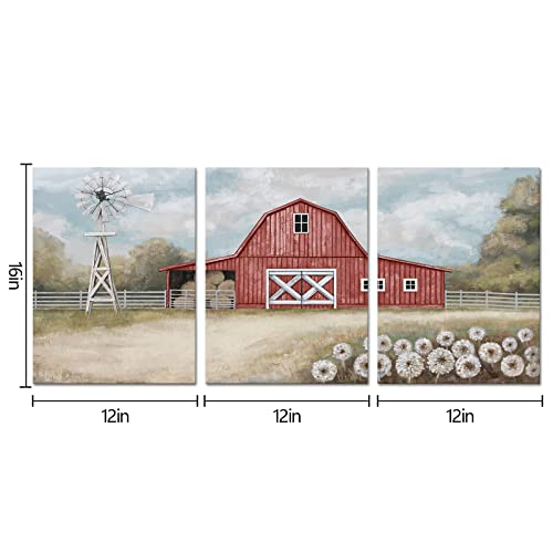 Atgowac Barn Pictures Country Farmhouse Wall Decor Rustic Red Barn Windmill Wall Art Framed Canvas Prints Ready To Hang Farmhouse Decor (12Inchx16Inchx3Panels) #TOP4