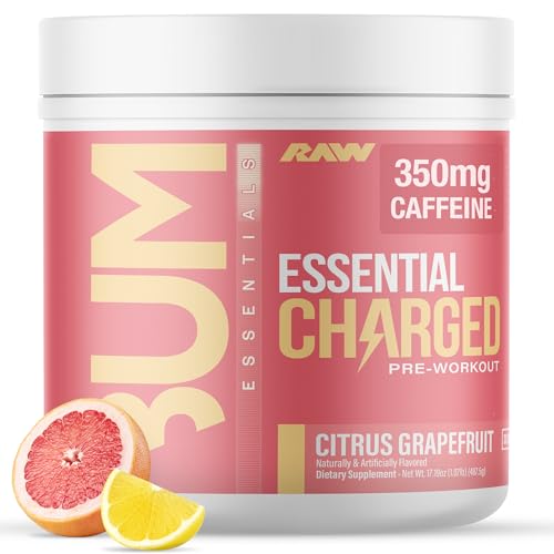 RAW Pre-Workout Powder, Essential CHARGED (Citrus Grapefruit) - Preworkout Supplement for Men, Women - Supports Focus, Mood, Performance - Caffeine, Alpha-GPC, L-Citrulline, Beta Alanine (25 Servings)