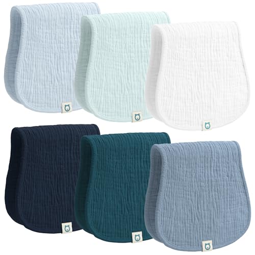 Muslin Burp Cloths Set, 6 Pieces, 100% Organic Cotton Hand Washcloths for Baby Boys and Girls Extra Absorbent and Soft Burping Rags (Blue - Multi Colored)