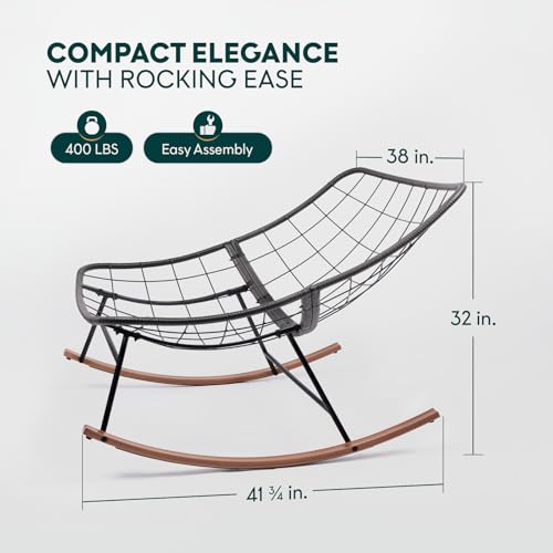 Image of Bme Patio Rocking Chair Outdoor & Indoor, Metal Patio Lounge Rocking Chair with Thick Cushion, Comfy Modern Rocker Chair for Living Room, Porch, Backyard, Grey Cushion - Wood Texture Rocker