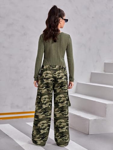 Image of Floerns Girl's Long Sleeve Tee Shirt with Camo Print Pants Set 2 Piece Outfit