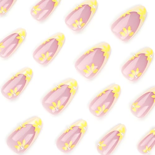 Image of Yellow French Tip Press on Nails Spring Flower Fake Nails with Pearl Design Glossy Glue on Nails Reusable Artificial Acrylic Full Cover Stick on Nails Medium Almond False Nail for Women Manicure 24Pcs