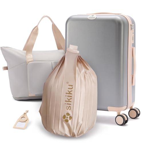 4-Piece Lightweight Luggage Sets for Women, Hardshell Spinner Suitcase with TSA Lock, Expandable Duffel Bag, Luggage Strap, and Leather Tag (Silver Gray, 20inch)