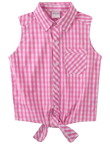 Image of Noomelfish Girls Sleeveless Button Down Shirt Tie Knot Blouse Western Cowgirl Outfit (5-12 Years)