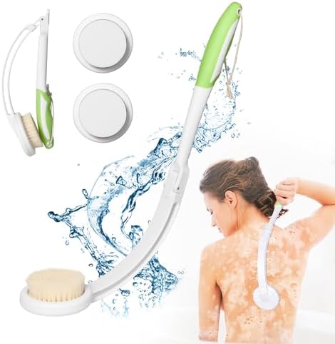 Fanwer 3 in 1 Long Handle Back Brush & Lotion Applicator, 18.9 in Foldable Back Scrubber for Shower, Exfoliation and Improved Skin Health for Men and Women with Limited Mobility