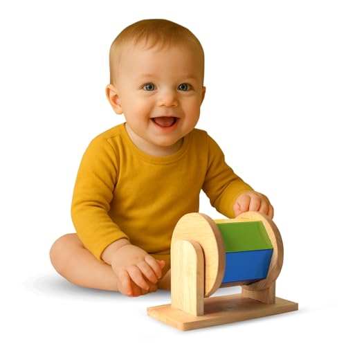 Montessori Wooden Rainbow Drum Spinning Toys for Babies 6-12 Months Toddlers | 100% Child Safe | Spinning Drum Baby Toy | Tummy Time Toy, Educational Toys for Early Development