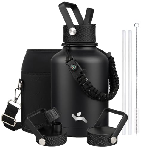 Image of Konokyo Insulated Water Bottle with Straw,50 oz 3 Lids Water Jug with Carrying Bag,Paracord Handle,Double Wall Vacuum Stainless Steel Metal Flask,Black