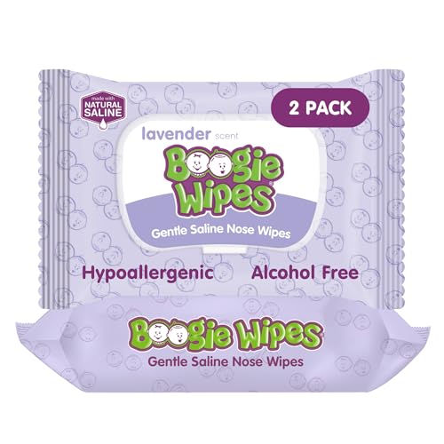 Boogie Wipes Saline Nose Wipes - 90 Count - Lavender Scent Hypoallergenic & Alcohol-Free - Allergy Relief - Made with Natural Saline Aloe Chamomile & Vitamin E - Diaper Bag Essential