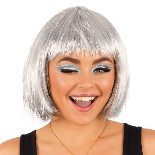 Stylex Party Silver Disco Bob Wig Shiny Metallic Costume Wig for 70s Parties Halloween Cosplay & Festivals